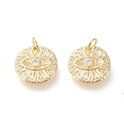 Real 20K Gold Plated Brass Micro Pave Clear Cubic Zirconia Charms, with Jump Rings, Long-Lasting Plated, Flat Round with Eye, Real 18K Gold Plated, 15x2.4mm, Jump Ring: 5x1mm, 3mm Inner Diameter