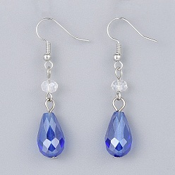 Medium Blue Electroplate Glass Dangle Earrings, with Brass Earring Hooks, Medium Blue, 47~50mm, Pin: 0.6mm 