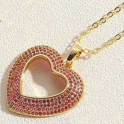Red Real 14K Gold Plated Brass Cubic Zircon Pendant Necklace for Women, Heart, Red, 17.72 inch(45cm)