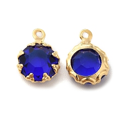 Blue Eco-Friendly Glass Charms, with Brass Findings, Long-Lasting Plated, Cadmium Free & Lead Free, Flat Round, Real 24K Gold Plated, Blue, 9x6.5x3mm, Hole: 1mm