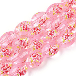 Pink Flower Picture Printed & Spray Painted Transparent Glass Beads, Oval, Pink, 15x10mm, Hole: 1.4mm