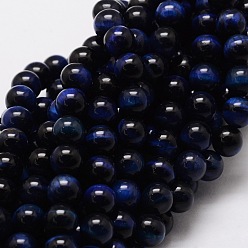 Blue Natural Tiger Eye Round Beads Strands, Dyed & Heated, Blue, 6mm, Hole: 1mm, about 62pcs/strand, 15.7 inch