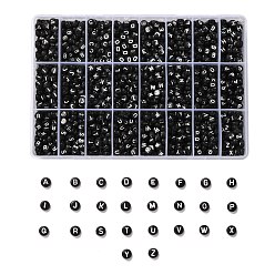 Letter A~Z 288G 26 Style Black Acrylic Beads, Flat Round with White Letter, Letter A~Z, 7x4mm, Hole: 1.5mm