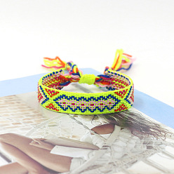 Vert Jaune Bracelet cordon polyester tressé motif losange, bracelet brésilien réglable ethnique tribal pour femme, vert jaune, 5-7/8 pouce (15 cm)