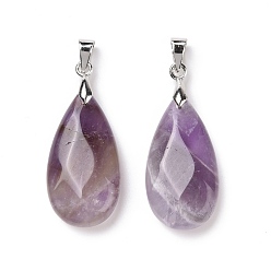 Amethyst Natural Amethyst Pendants, with Brass Platinum Tone Findings, Faceted, Teardrop Charm, 29~30.5x13x6~7mm, Hole: 4x3.5mm