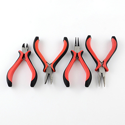 Rouge Ensembles d'outils de bijoux en fer: pince à bec rond, Pince de coupe de fil, pince coupante latérale et pince à bec courbé, rouge, 110~127mm, 4 pièces / kit
