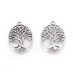 Antique Silver Tibetan Style Zinc Alloy Pendants, Oval with Tree of Life, Antique Silver, 31.5x23.5x1.5mm, Hole: 1.5mm