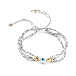 WhiteSmoke Adjustable Glass & Lampwork Evil Eye Braided Beaded Bracelet for Women, WhiteSmoke, Inner Diameter: 1-7/8~2-3/4 inch(4.7~7cm)