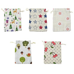 Mixed Color 10Pcs 5 Styles Printed Polycotton(Polyester Cotton) Packing Pouches Drawstring Bags, Rectangle, Mixed Color, 18x13cm, 2pcs/style