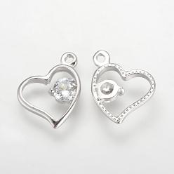 Platinum Alloy Cubic Zirconia Charms, Heart, Platinum, 11.5x13x1.5mm, Hole: 1.5mm