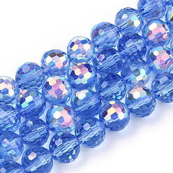 Cornflower Blue Transparent Electroplate Glass Beads Strands, Faceted, Half AB Color Plated, Round, Cornflower Blue, 8x7~7.5mm, Hole: 1.0mm, about 71~72 pcs/strand, 20.20~21.85 inch(51.3~55.5cm)