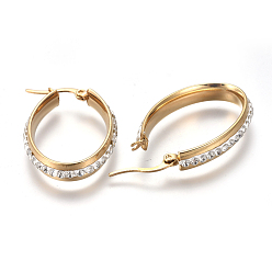 Oro Pendientes de aro de acero inoxidable, con diamantes de imitación de arcilla polimérica, oval, cristal, dorado, 201 mm, pin: 36x23x5.5 mm