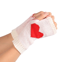 White Polyacrylonitrile Fiber Yarn Knitting Fingerless Gloves, Two Tone Winter Warm Gloves with Thumb Hole, Heart Pattern, White & Red, 190x70mm