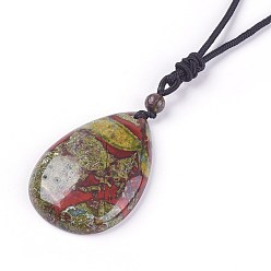 Dragon Blood Adjustable Natural Indian Blood Stone Pendant Necklaces, with Nylon Theard, teardrop, 23.6 inch~24.8 inch(60~63cm), Teardrop: 35x50x8mm