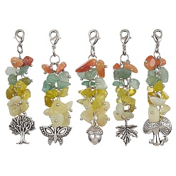Miriam Stone Alloy Charms & Natural Gemstone Chips Beaded Pendant Decoration, with Brass Lobster Claw Clasps, Mixed Shapes, 65~72mm