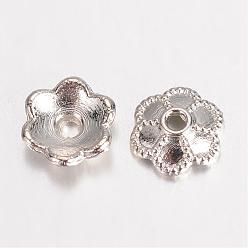 Platinum Alloy Bead Caps Enamel Settings, 6-Petal Flower, Platinum, 6x2mm, Hole: 1mm