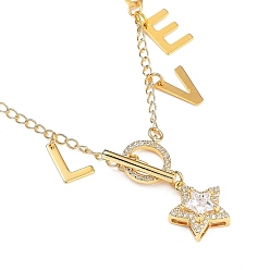 Golden Valentine's Day Brass Micro Pave Clear Cubic Zirconia Pendant Necklaces, with 304 Stainless Steel Letter Charms, Paperclip Chains and Toggle Clasps, Star & Word Love, Golden, 17.91 inch(45.5cm)