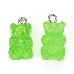 Lawn Green Resin Pendants, with Platinum Plated Iron Findings, Bear, Imitation Jelly, Two Tone, Lawn Green, 20.5x10.5x6.5mm, Hole: 2mm