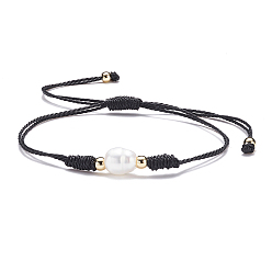 Black Natural Pearl Beads Bracelet, Friendship Adjustable Cord Bracelet for Her, Black, Inner Diameter: 1/2~3 3/4 inch(1.2~9.5cm)