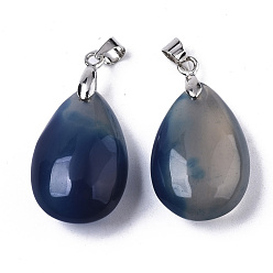 Natural Agate Natural Agate Pendants, with Stainless Steel Pinch Bails, Dyed & Heated, Teardrop, Stainless Steel Color, 24x15x9~10mm, Hole: 5x4mm