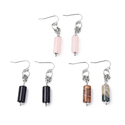 Mixed Stone Natural Gemstone Dangle Earrings, with 304 Stainless Steel Earring Hooks, Column, Stainless Steel Color, 49mm, Pin: 0.7mm