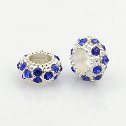 Sapphire Silver Color Plated Alloy Grade A Rhinestone European Beads, Large Hole Beads, Rondelle, Sapphire, 11x6mm, Hole: 5mm