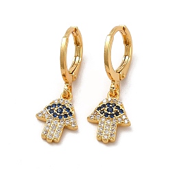 Real 18K Gold Plated Cubic Zirconia Hamsa Hand with Evil Eye Dangle Leverback Earrings, Rack Plating Brass Jewelry for Women, Cadmium Free & Lead Free, Real 18K Gold Plated, 26mm, Pin: 1mm
