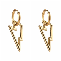 Golden 304 Stainless Steel Huggie Hoop Earrings, with Brass Pendants, Lightning Bolt, Golden, 35mm, Pin: 1mm