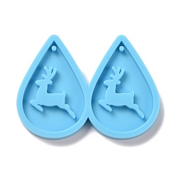 Deep Sky Blue DIY Teardrop with Reindeer Pendants Silicone Molds, Resin Casting Molds, For UV Resin, Epoxy Resin Jewelry Making, Christmas Theme, Deep Sky Blue, 42x57x5mm, Hole: 1.5mm, Inner Diameter: 37x25mm