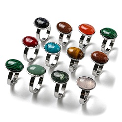 Mixed Stone Natural Gemstone Finger Ring, with Stainless Steel Finding, 4mm, Inner Diameter: 16~19.9mm, 12pcs/box