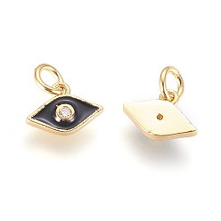 Black Brass Micro Pave Cubic Zirconia Charms, with Enamel and Jump Ring, Horse Eye, Golden, Black, 7x10x2mm, Hole: 3mm