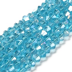 Deep Sky Blue Glass Beads Strands, AB Color Plated, Faceted, Bicone, Deep Sky Blue, 4x4mm, Hole: 1mm, about 92~96pcs/strand, 13.78~14.37 inch