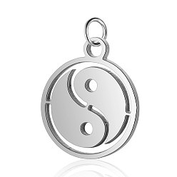 Stainless Steel Color 304 Stainless Steel Charms, Flat Round with Tai Ji, Stainless Steel Color, 14x12x1mm, Hole: 2.5mm