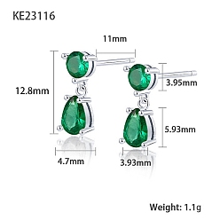 Green Cubic Zirconia Teardrop Dangle Stud Earrings, Platinum Rhodium Plated 925 Sterling Silver Earrings, Green, 12.8x3.93~4.7mm