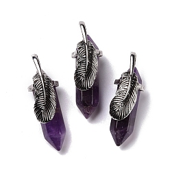 Amethyst Natural Amethyst Pendants, with Antique Silver Tone Brass Findings, Cadmium Free & Lead Free, Double Terminal Pointed Bullet with Leaf, 44~47x14~15x14~15mm, Hole: 6.2x3.5mm