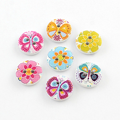 Couleur Mélangete 2 motif de fleur -hole imprimé boutons en bois, plat rond, couleur mixte, 15x4mm, Trou: 2mm
