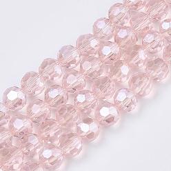 Pink Electroplate Glass Bead Strands, Pearl Luster Plated, Faceted(32 Facets), Round, Pink, 8x7mm