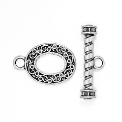 Antique Silver Tibetan Style Alloy Oval Ring Toggle Clasps, Antique Silver, Ring: 32x22x3mm, Hole: 4mm, Bar: 39x14x8.5mm, Hole: 4mm