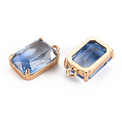 Cornflower Blue Gradient Color Glass Pendants, with Brass Prong Settings, Faceted, Rectangle, Light Gold, Cornflower Blue, 17x10x5.5mm, Hole: 1.6mm
