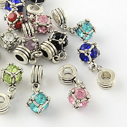 Mixed Color Large Hole Cube Alloy Rhinestone European Dangle Charms, Antique Silver, Mixed Color, 15x12x12mm, Hole: 4mm