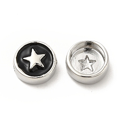 Black Brass Enamel Beads, Flat Round with Star, Platinum, Black, 10.8x4.6mm, Hole: 2mm