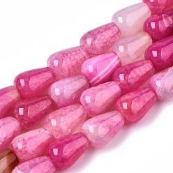 Hot Pink Natural Crackle Agate Beads Strands,  Dyed & Heated, Teardrop, Hot Pink, 14x10mm, Hole: 1mm, about 28pcs/strand, 15.35 inch(39cm)