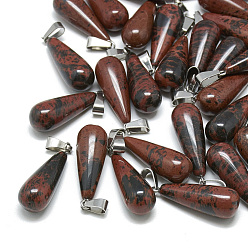Mahogany Obsidiana Caoba natural colgantes de obsidiana, con broches de presión de acero inoxidable, lágrima, 28~30x10~12 mm, agujero: 6x4 mm