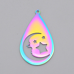 Rainbow Color Placage ionique (ip) 201 pendentifs en acier inoxydable, Coupe au laser, larme avec lune et étoile, couleur arc en ciel, 38x22x1mm, Trou: 1.8mm
