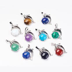 Mixed Stone Natural & Synthetic Mixed Stone Pendants, with Brass Findings, Dolphin, Platinum, 30x23x8mm, Hole: 5x8mm