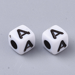 Letter A White Opaque Acrylic Beads, Horizontal Hole, Cube with Black Alphabet, Letter.A, 4~5x4~5x4~5mm, Hole: 1.8mm, about 6470~6500pcs/500g