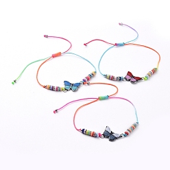 Mixed Color Adjustable Nylon Cord Link Bracelets, with Printed Alloy Links, Polymer Clay Heishi Beads, 304 Stainless Steel Round Beads and Brass Rhinestone Beads, Butterfly, Mixed Color, 3/4 inch~3-1/2 inch(2~9.1cm)
