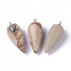 Picture Jasper Natural Picture Jasper Pointed Pendants, with Stainless Steel Findings, Cone, Stainless Steel Color, 50~53x19~21mm, Hole: 2mm