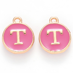Letter T Golden Plated Alloy Enamel Charms, Cadmium Free & Lead Free, Enamelled Sequins, Flat Round with Letter, Camellia, Letter.T, 14x12x2mm, Hole: 1.5mm