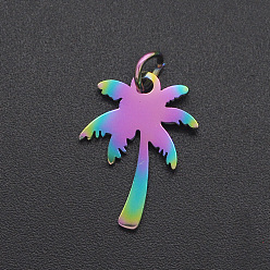 Rainbow Color Ion Plating(IP) 201 Stainless Steel Pendants, with Jump Ring, Coconut Tree, Laser Cut, Rainbow Color, 18x13x1mm, Hole: 3mm